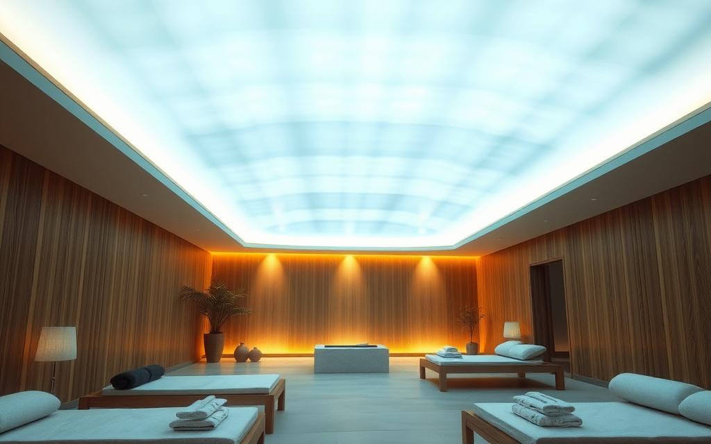 Backlit translucent stretch ceiling glowing above a spa suite