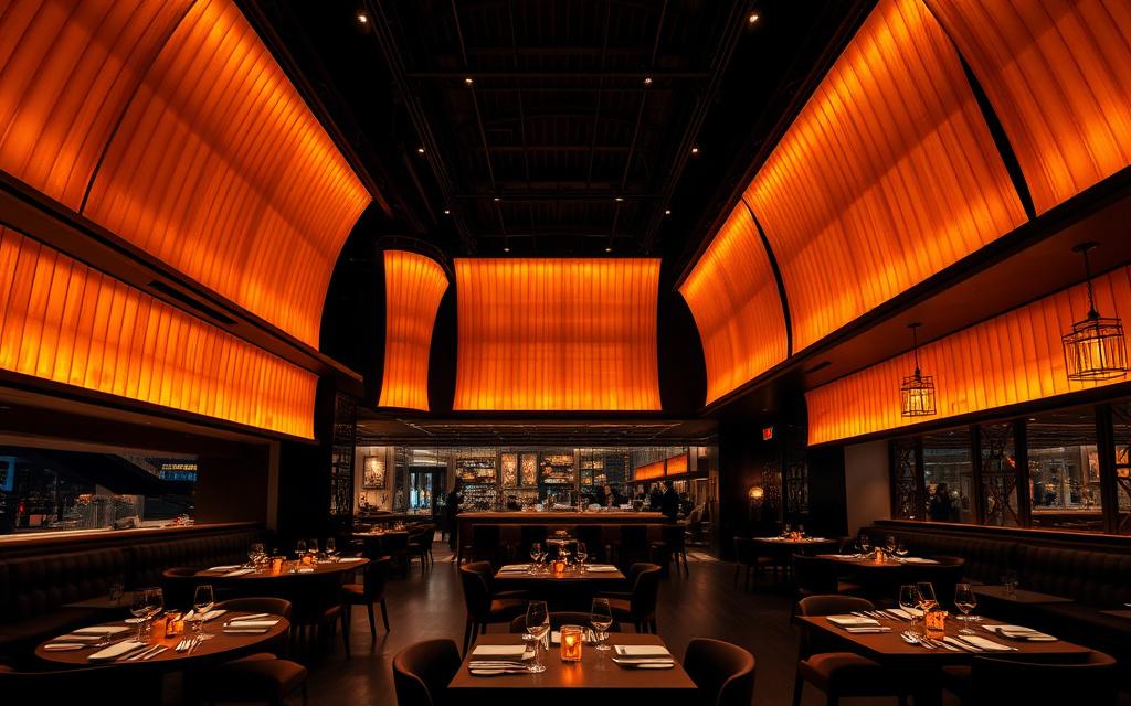 Amber backlit stretch ceiling above a fine-dining restaurant