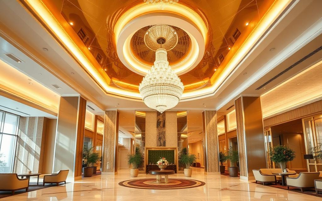 Champagne gloss stretch ceiling reflecting a hotel lobby chandelier