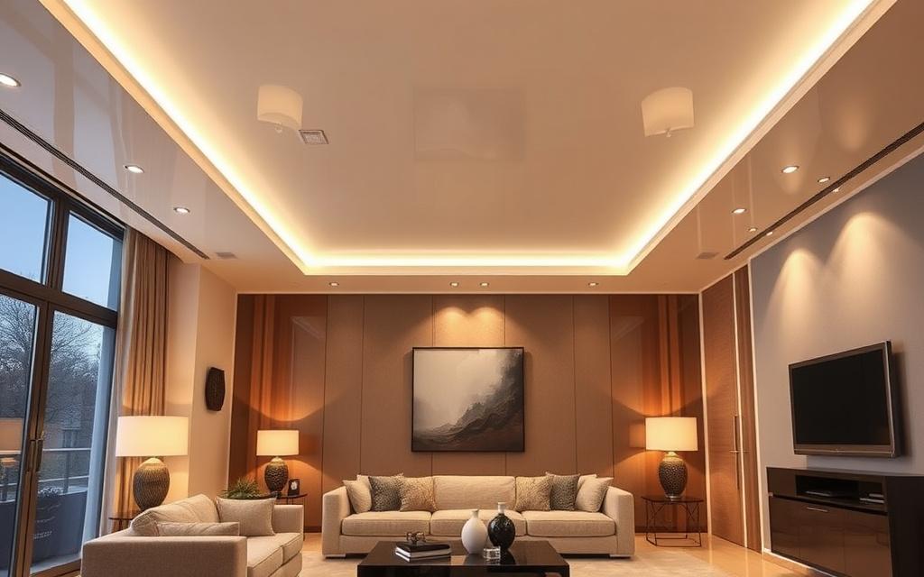 Mirror gloss stretch ceiling reflecting a warmly lit living room