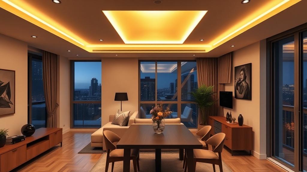 Backlit ceiling light panel above a condo dining table in the evening
