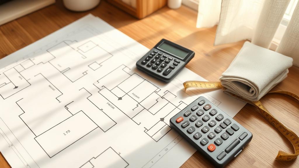 Floor plan, calculator and membrane swatches laid out for a quotation