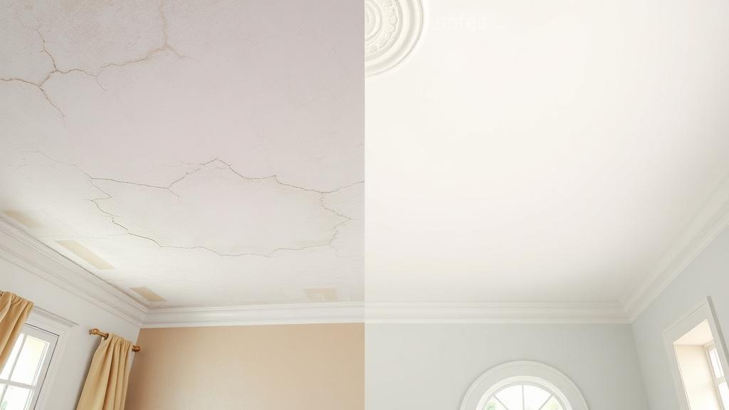 Half old cracked plaster ceiling, half new seamless stretch ceiling