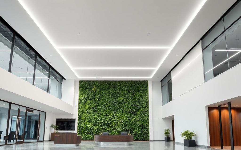 Matte stretch ceiling with flush linear lighting in an office lobby