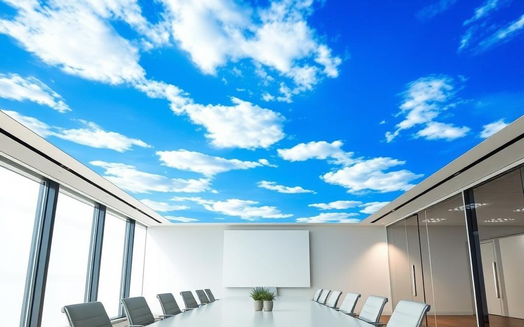 Printed sky graphic stretch ceiling above a meeting room