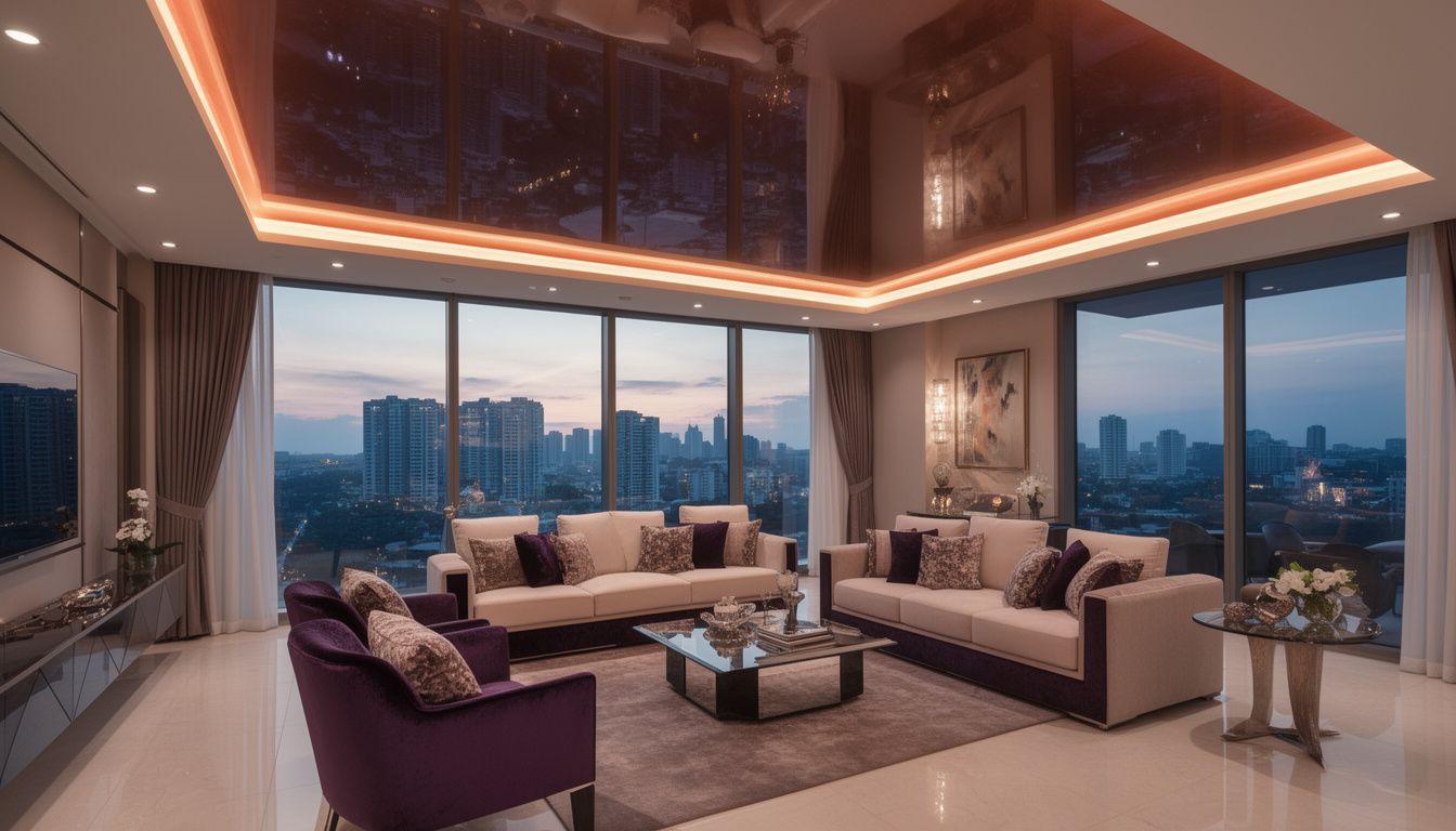 High-gloss stretch ceiling reflecting a luxurious Malaysian condominium lounge at dusk