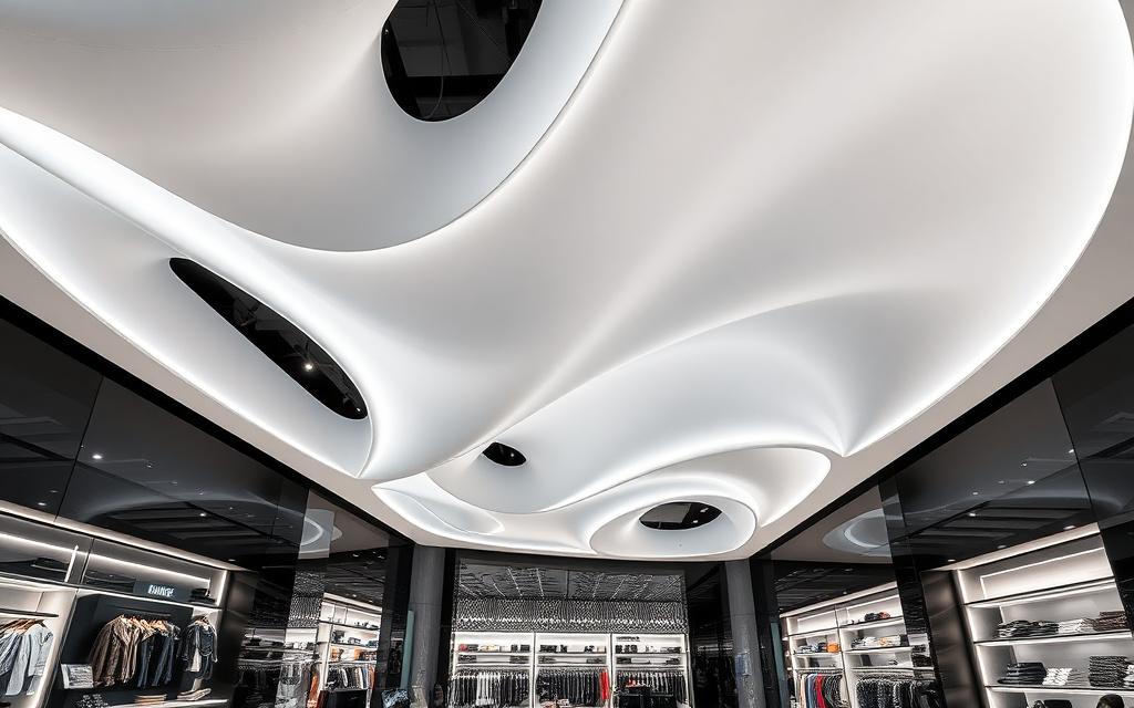 Sculptural 3D wave stretch ceiling with hidden lighting in a boutique