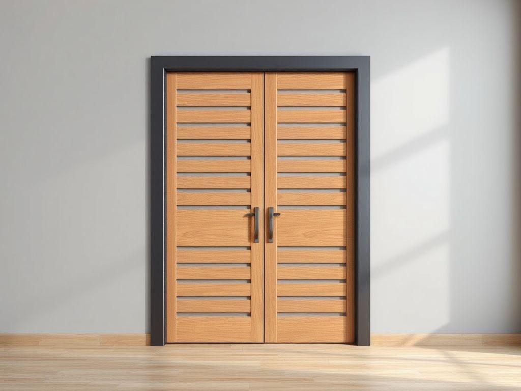 Safety door leaf combining an aluminium frame with a warm wood-grain infill panel