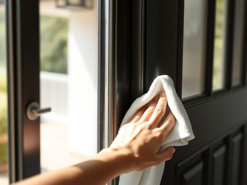 A hand wiping a dark aluminium door frame with a soft microfibre cloth