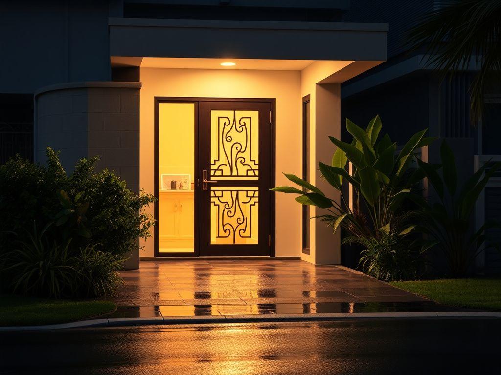 A lit house entrance with a modern grille door in a Malaysian housing estate at dusk