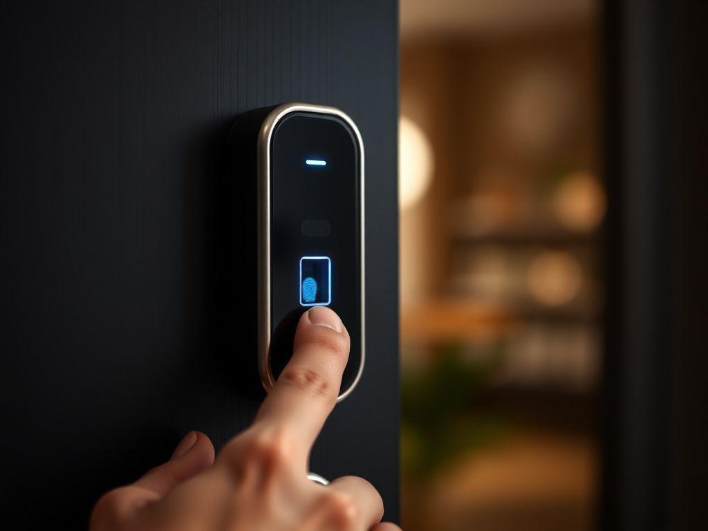 Thumb resting on the fingerprint sensor of a slim black digital door lock