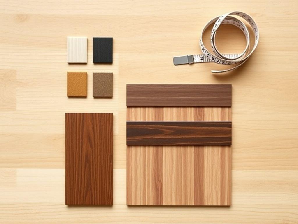 Door finish samples and a measuring tape laid out on a light oak table