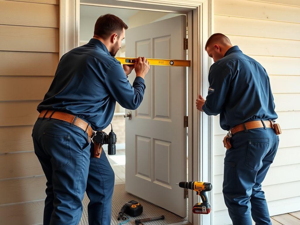 Two installers levelling a door frame in a house entrance opening