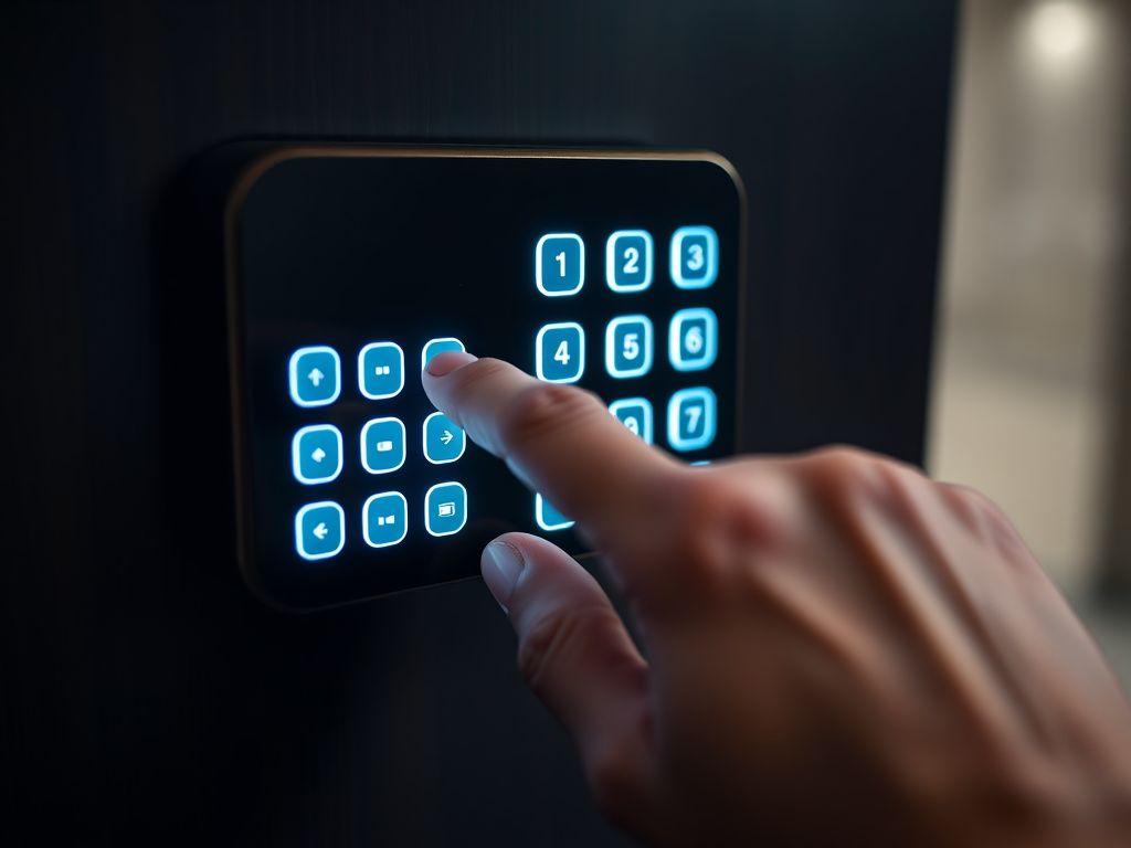 A hand pressing the illuminated touch keypad of a modern digital door lock at night