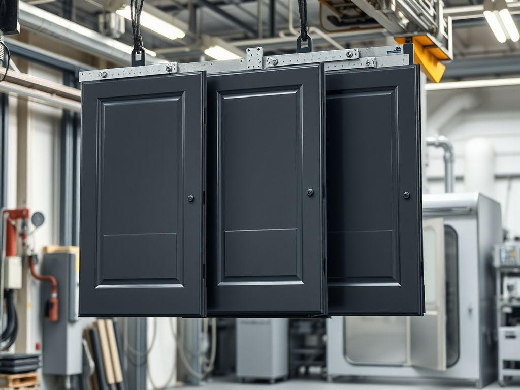 Freshly powder coated door panels hanging on an overhead line in a workshop