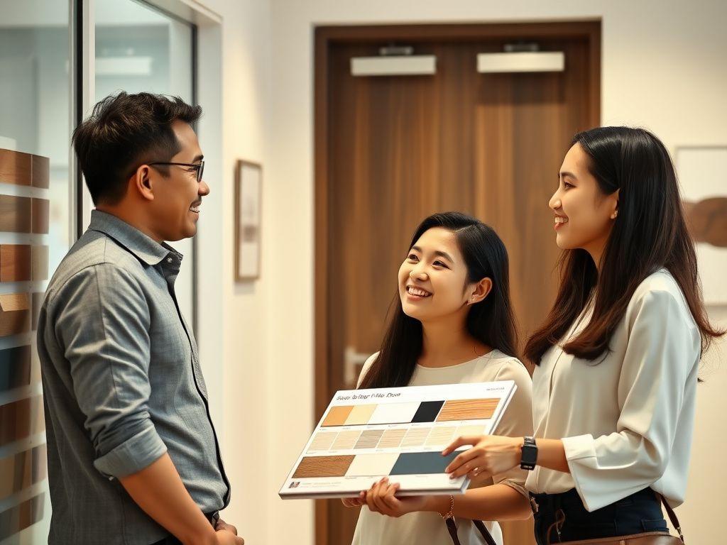 Couple discussing door finishes with a consultant in a showroom
