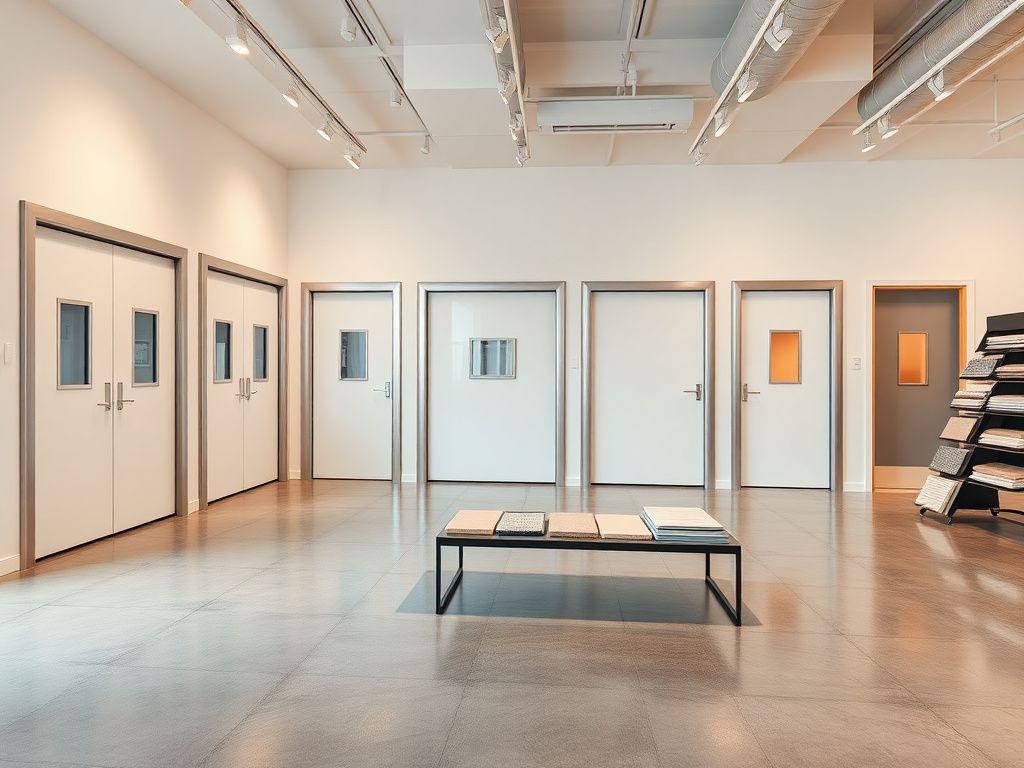 Row of full-size safety doors displayed upright in a bright showroom