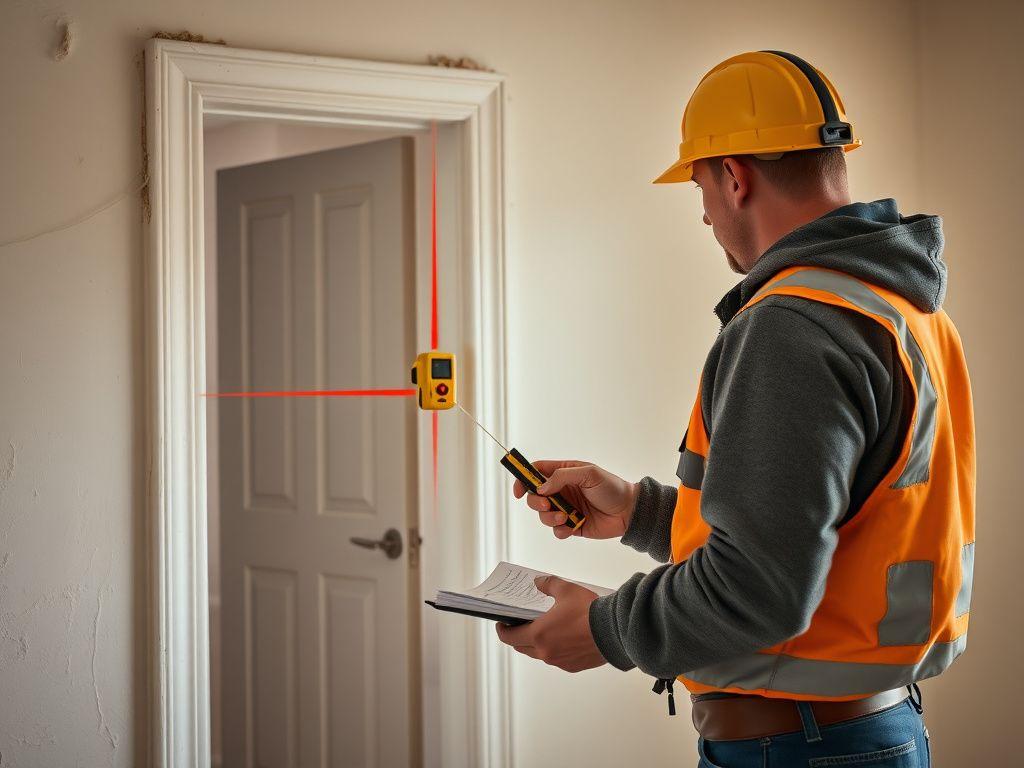 Technician measuring a door opening with a laser distance meter
