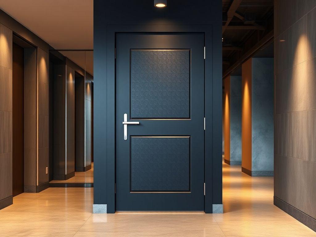 Graphite powder coated steel security entrance door in a condominium corridor