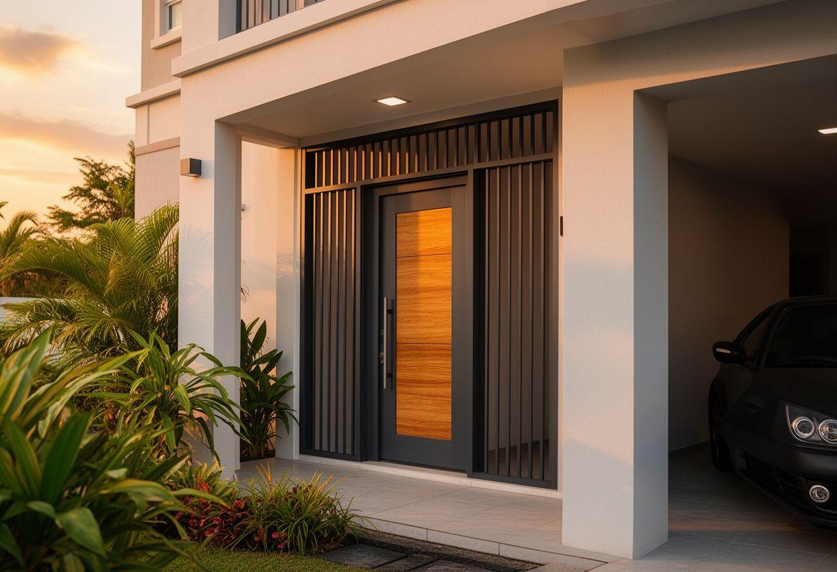 Modern Malaysian terrace house entrance fitted with a dark aluminium safety door at dusk