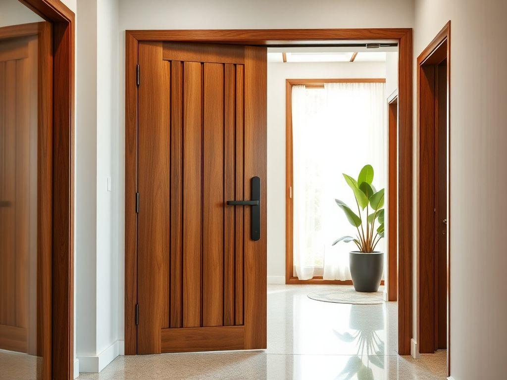 Solid hardwood main entrance door with deep vertical grooves in a bright foyer